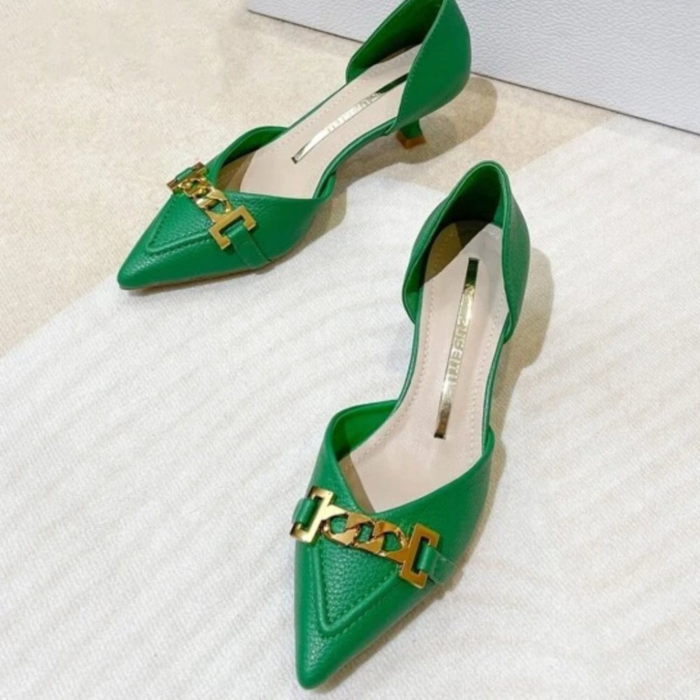 Green Chain Detail Pumps Heels - Picture 2 of 6